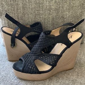 Lucky Brand Women 7.5 M Blue Crochet Canvas Textile Wedge 5" Heels Platforms